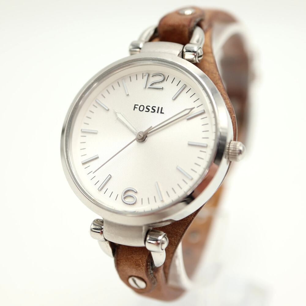 Fossil Georgia Silver Tone Womens Watch 32mm Brown Leather ES3060 w New Battery